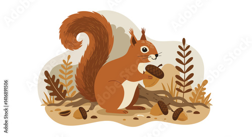 Red squirrel gathering acorns in autumn forest with detailed flat design style vector illustration