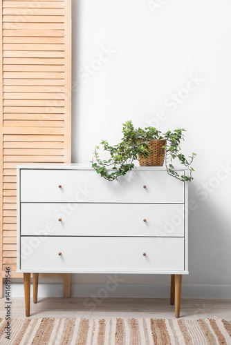 Fényképezés Green plant on chest of drawers in light room