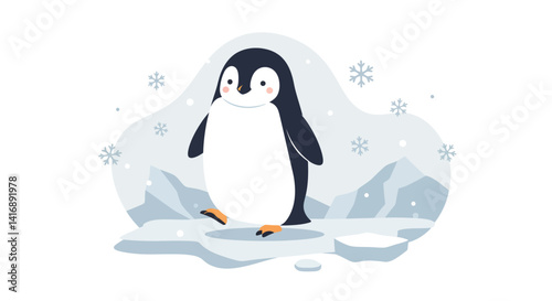 Cute cartoon penguin standing on icy landscape with snowflakes falling in flat design style vector illustration