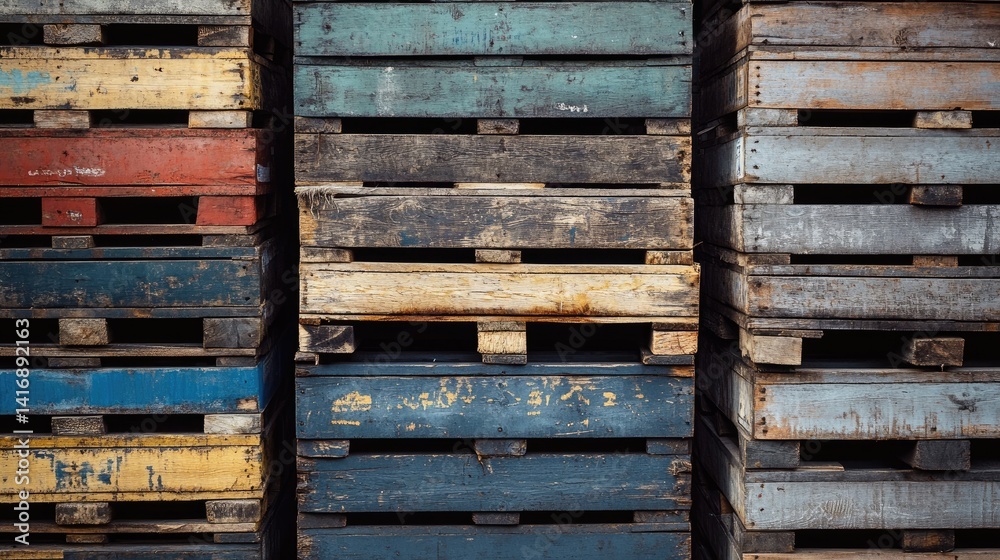 Stacked pallets with aged paint offer rustic texture and color harmony Stacked pallets with aged paint offer rustic texture and color harmony