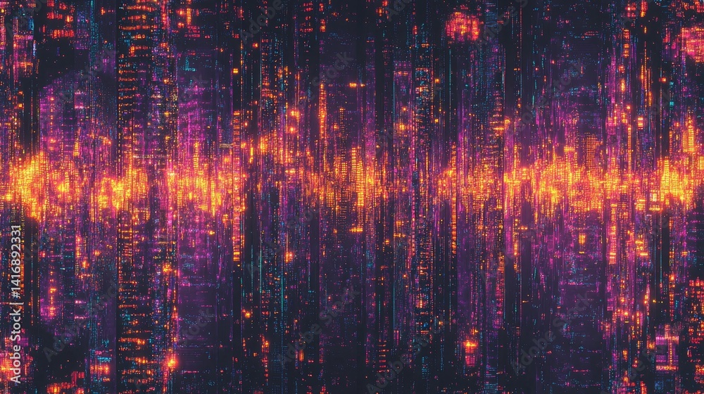 Abstract digital cityscape with vibrant neon lights and vertical textures Abstract digital cityscape with vibrant neon lights and vertical textures