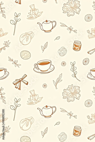Illustration of Green tea leaves and cup on cream background
