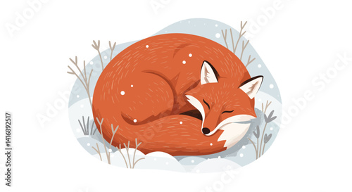 Red fox curled up sleeping in snowy winter landscape with sparse plants minimal flat vector illustration