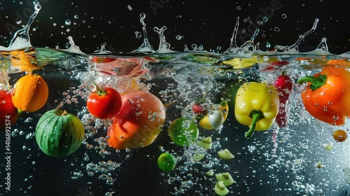 Vibrant Fresh Fruits and Vegetables Splashing in Water, Dark Background