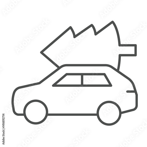 Car vehicle and fir tree thin line icon, merry christmas concept. Vector graphics. Automobile, christmas tree transportation sign on white background, linear style icon for mobile or web design.