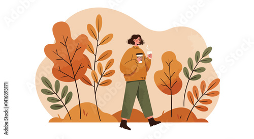 Woman walking outdoors with coffee cup in autumn foliage flat minimal style vector illustration