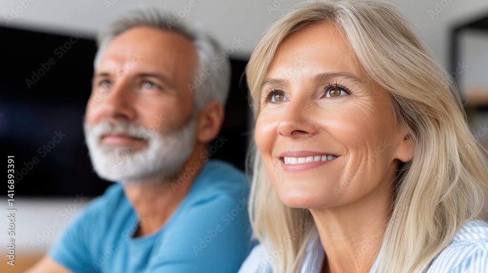 Obraz premium Happy mature caucasian couple enjoying time together, smiling and looking thoughtfully in a cozy, modern living space