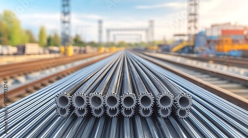 Metal pipes stacked on railway tracks in a manufacturing facility.