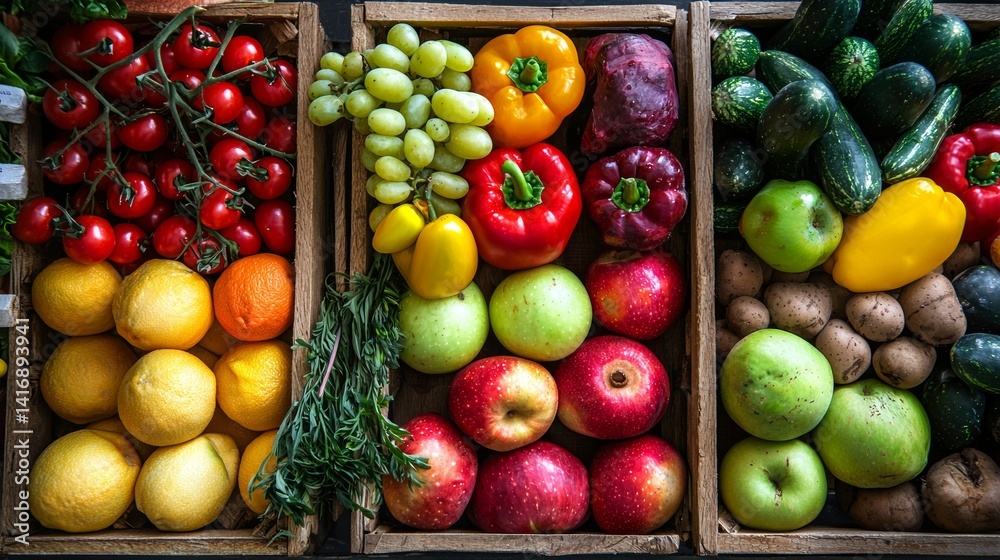 Colorful produce boxes filled with fresh vegetables Colorful produce boxes filled with fresh vegetables