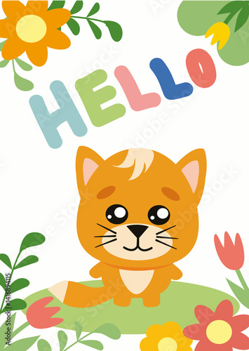 Cute Hello Card with Cartoon Cat and Flowers