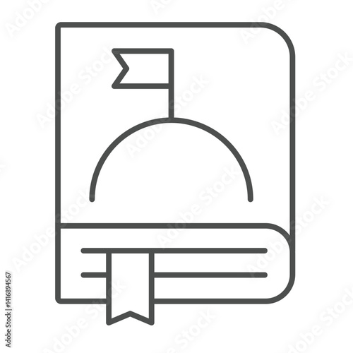 Space encyclopedia book thin line icon, cosmos concept. Vector graphics. Knowledge book with planet surface and flag sign on white background, linear style icon for mobile or web design.