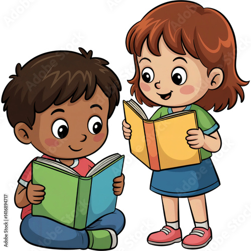 Young Boy and Girl Reading a Book