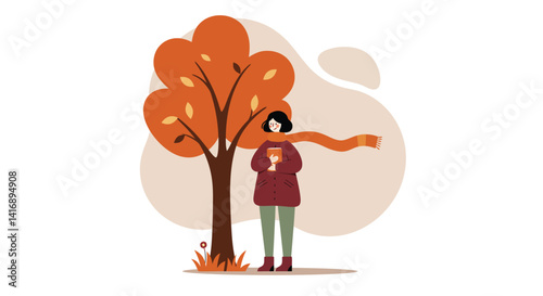 Woman wearing warm coat and scarf standing near autumn tree with orange leaves in flat design vector illustration