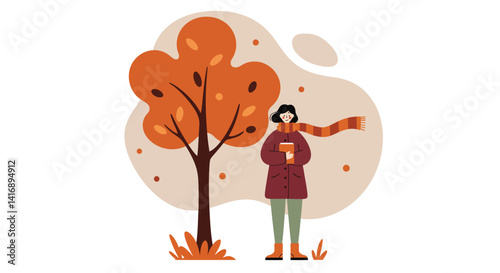 Woman wearing scarf holding cup standing near autumn tree with falling leaves flat minimal vector illustration