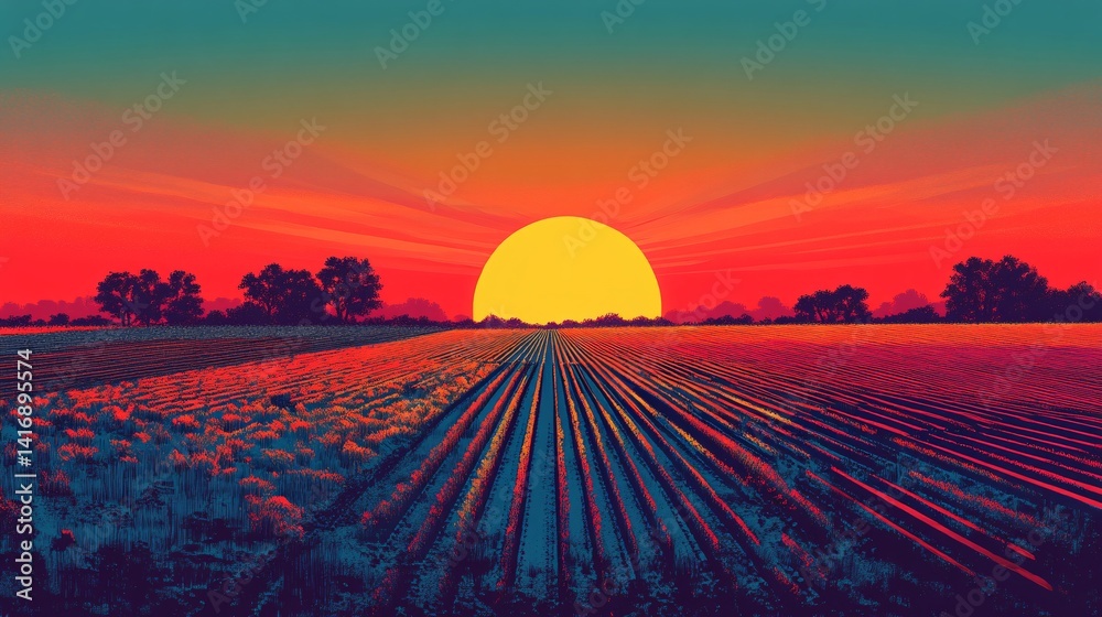 Obraz premium Sunset over solar-powered farms stylized into horizontal bands