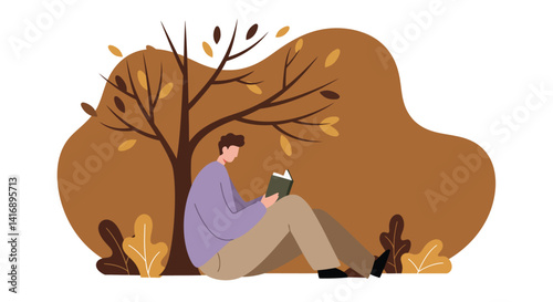Young man sitting under bare autumn tree reading book in minimal flat design vector illustration