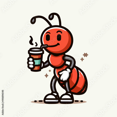 Ant With Coffee Cup: A whimsical illustration of an ant taking a break with a refreshing coffee cup, capturing the charming fusion of nature and everyday enjoyment.