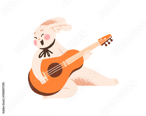 Happy Easter rabbit plays the guitar and sings songs. Cute bunny performs melody with music instrument. Talented paschal hare with bow has fun. Flat isolated vector illustration on white background