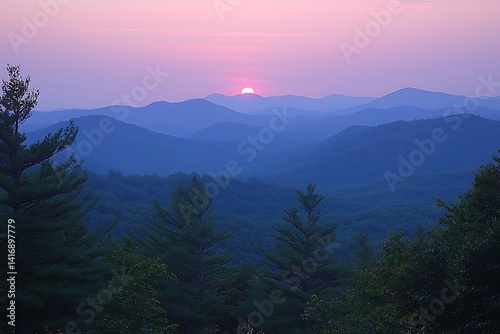 Appalachian Mountains at sunrise, painted in hues of lavender and twilight blue.