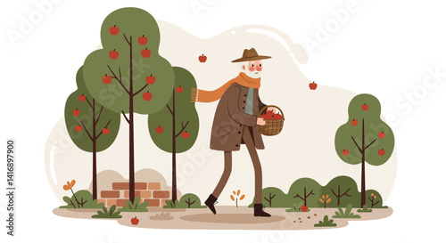 Elderly man walking in autumn orchard with apple basket flat minimal vector illustration
