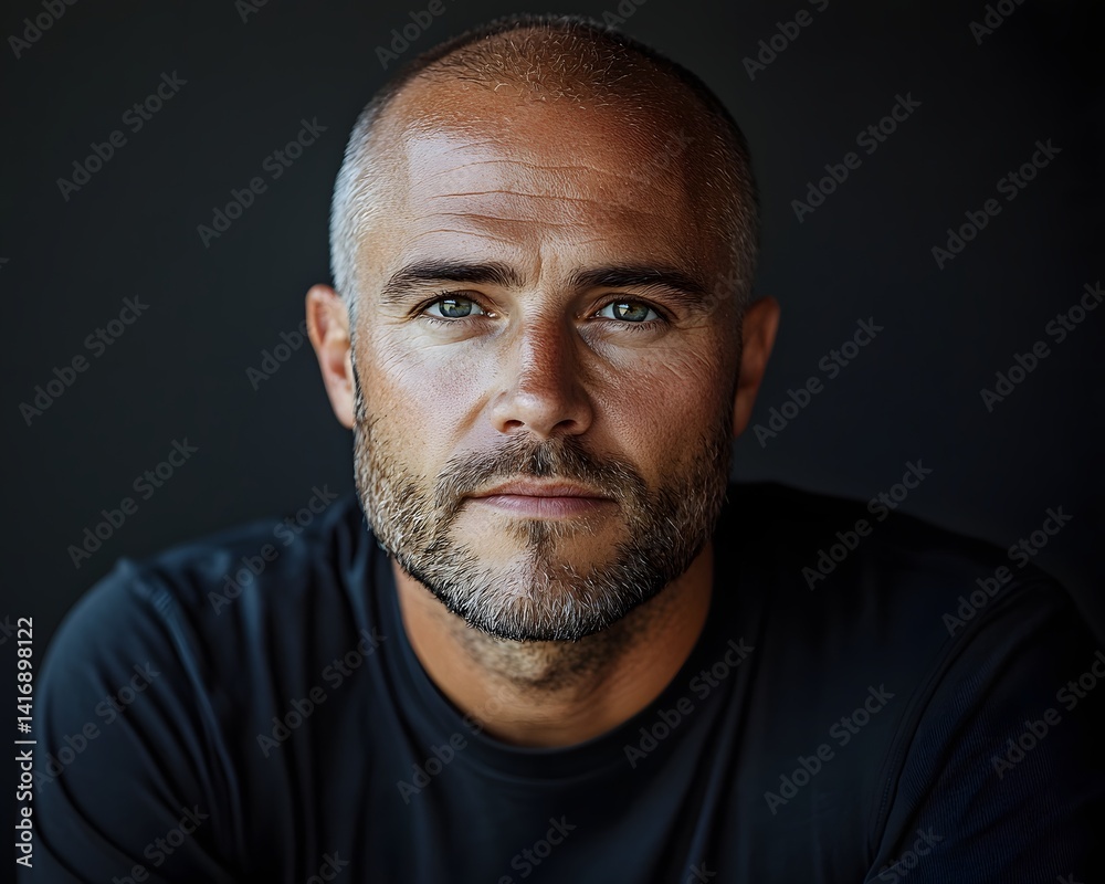 Striking portrait of a bald man in a black t shirt against a dark background Striking portrait of a bald man in a black t shirt against a dark background