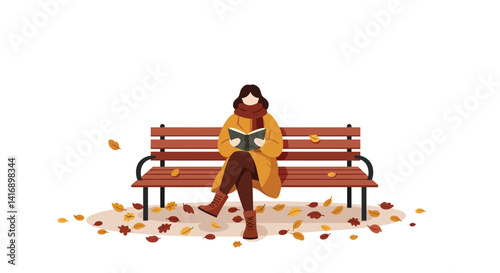 Woman reading book on wooden bench with autumn leaves falling flat minimal vector illustration
