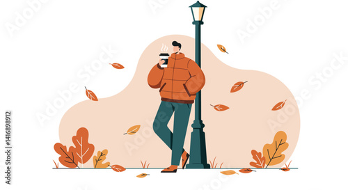 Young man in warm jacket drinking coffee by street lamp with autumn leaves minimal flat vector illustration