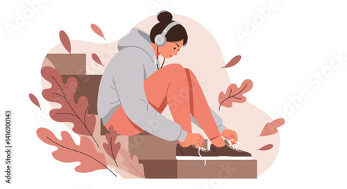 Young woman tying shoelaces sitting on stairs with headphones in casual outfit flat design vector illustration