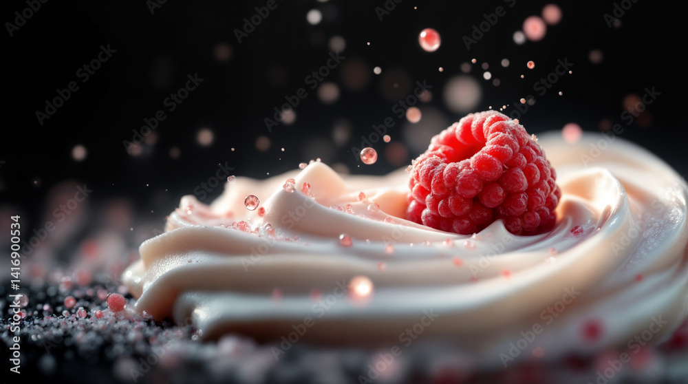 Close-Up of Raspberry on Soft Cream with Sprinkled Pink Sugar in Motion