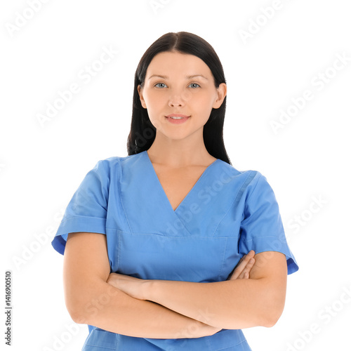 Female doctor on white back...