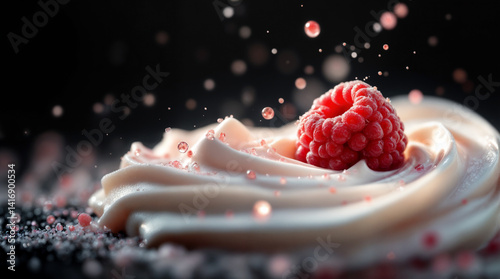 Close-Up of Raspberry on Soft Cream with Sprinkled Pink Sugar in Motion