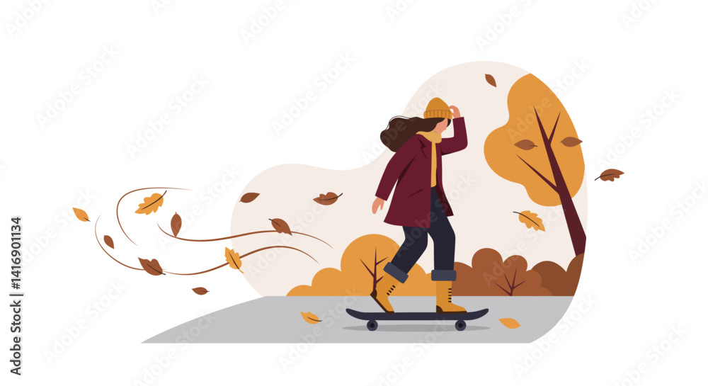 Fototapeta premium Young woman skateboarding outdoors in autumn with falling leaves flat minimal vector illustration
