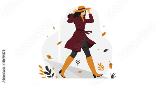 Woman walking outdoors wearing autumn coat and hat with falling leaves minimal flat vector illustration