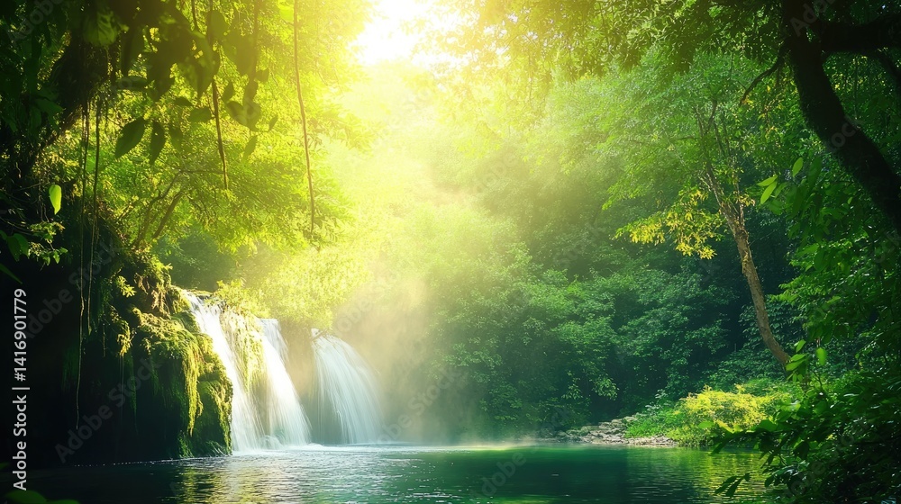 Sunlight Serenade, Cascading Waterfalls in a Lush Green Forest Paradise Sunlight Serenade, Cascading Waterfalls in a Lush Green Forest Paradise