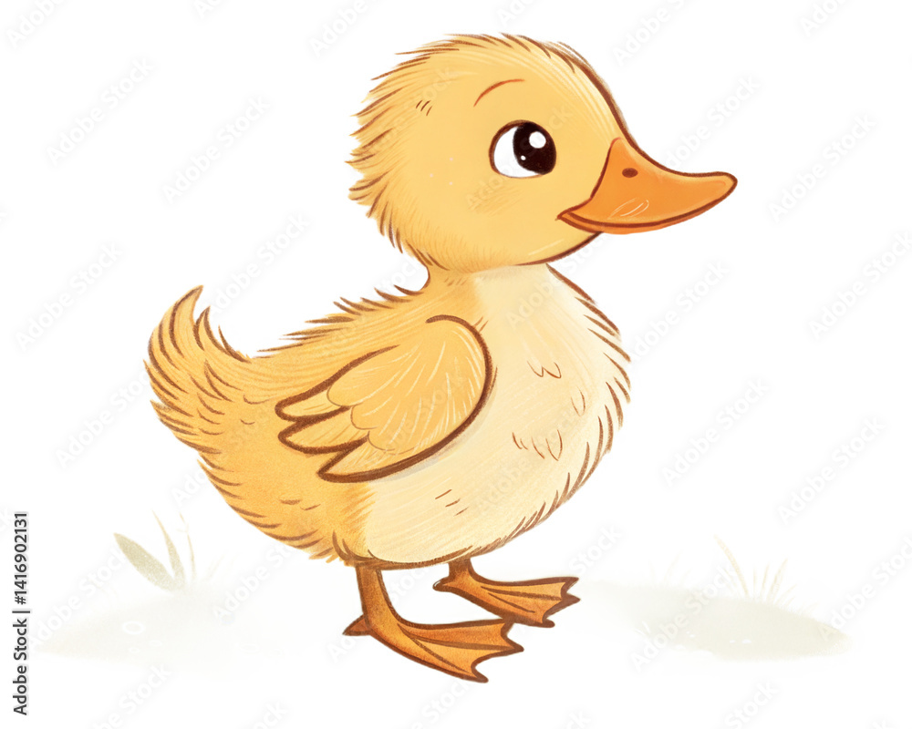 Cute duckling with orange beak standing on green grass  