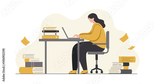 Woman working on laptop at desk with books scattered around in flat modern minimal vector illustration