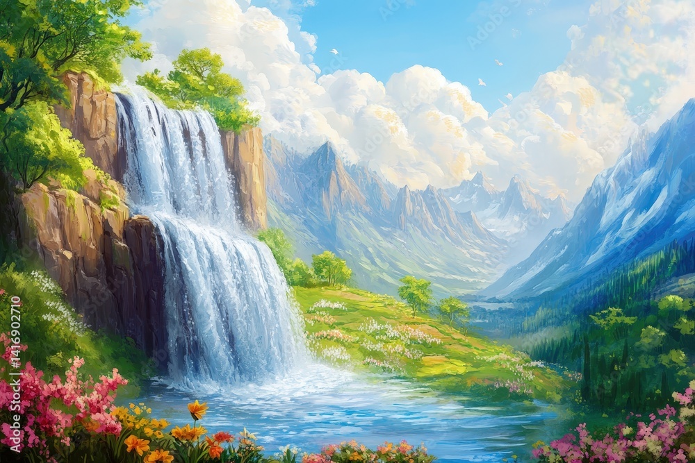 Fototapeta premium Serene mountain waterfall cascading into a tranquil valley.