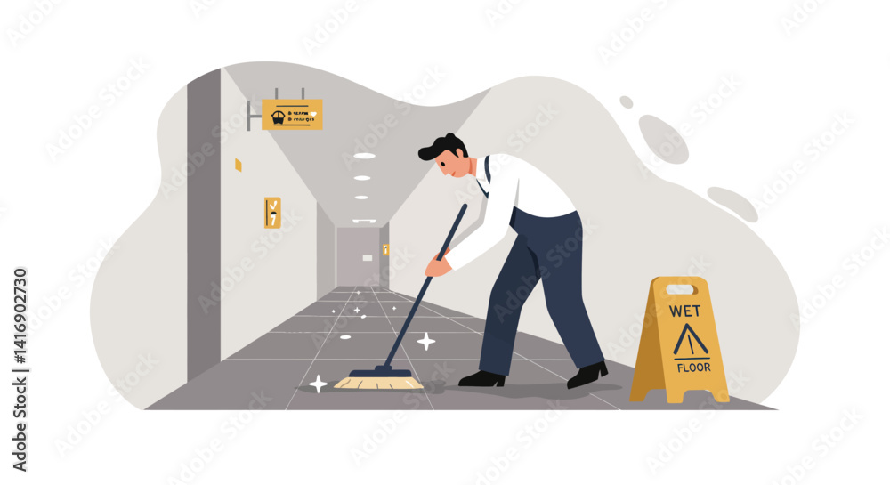 Obraz premium Man cleaning office hallway floor with mop and wet floor sign in flat minimal vector illustration