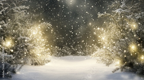 Enchanted winter wonderland, snow-covered forest with magical lights