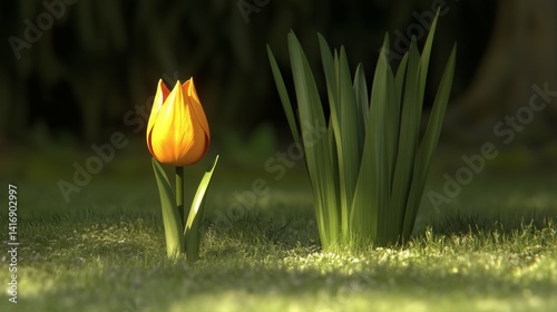 Single yellow tulip blooming in spring garden