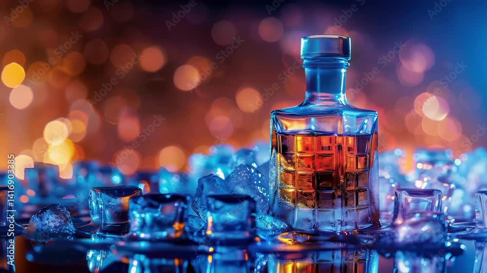 glass bottles with alcohol in ice cubes. Selective focus glass bottles with alcohol in ice cubes. Selective focus