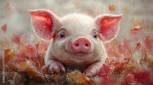 Cute Piglet Relaxing Surrounded By Colorful Autumn Leaves Peacefully photo