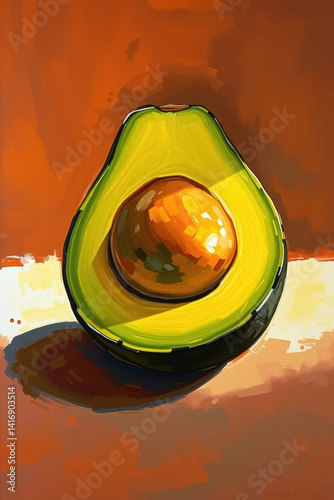 Vibrant and artistic avocado painting with bold colors and stylized details - a unique decorative piece for kitchen and food enthusiasts