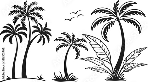 Black Palm Tree Silhouette Icons for Tropical Design | Palm Tree Silhouettes Set for Summer and Beach Art | Tropical Palm Tree Clipart Collection | Palm Tree Outline Icons for Travel