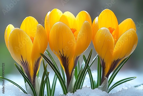 Three vibrant yellow crocuses emerge from winter snow.