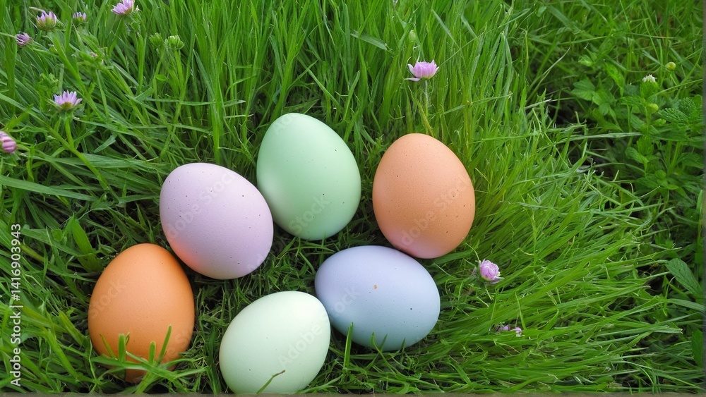 Pastel-colored eggs nestled gently in lush green grass, scattered with delicate wildflowers, evoking a springtime and festive feel. Pastel-colored eggs nestled gently in lush green grass, scattered with delicate wildflowers, evoking a springtime and festive feel.