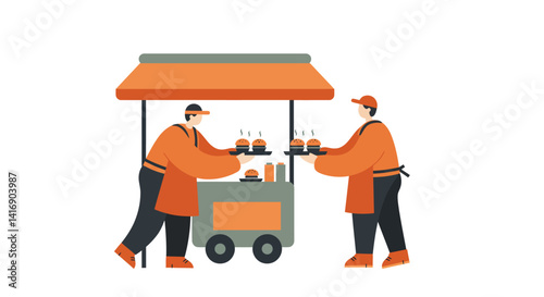 Two male street vendors interacting around a small orange food cart in flat minimal vector art