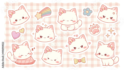 Set of kawaii white cat in various poses. Cute white kitten with pink bow. Animal in anime style