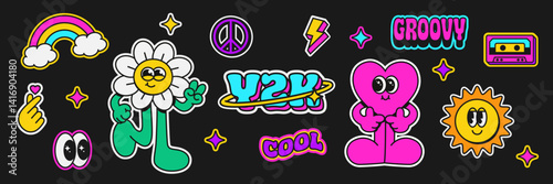 Colorful happy smiling face label shape set. Collection of trendy retro sticker y2k cartoon shapes. Funny comic character art and quote patch bundle. Modern slang word, catchphrase sign, text slogan.