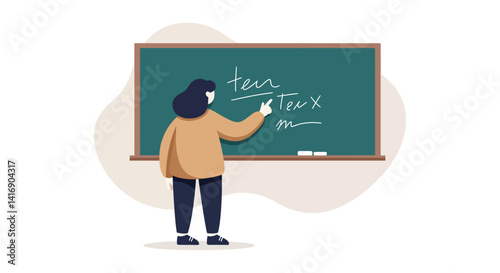 Female teacher writing mathematical equations on green chalkboard in classroom flat design vector illustration